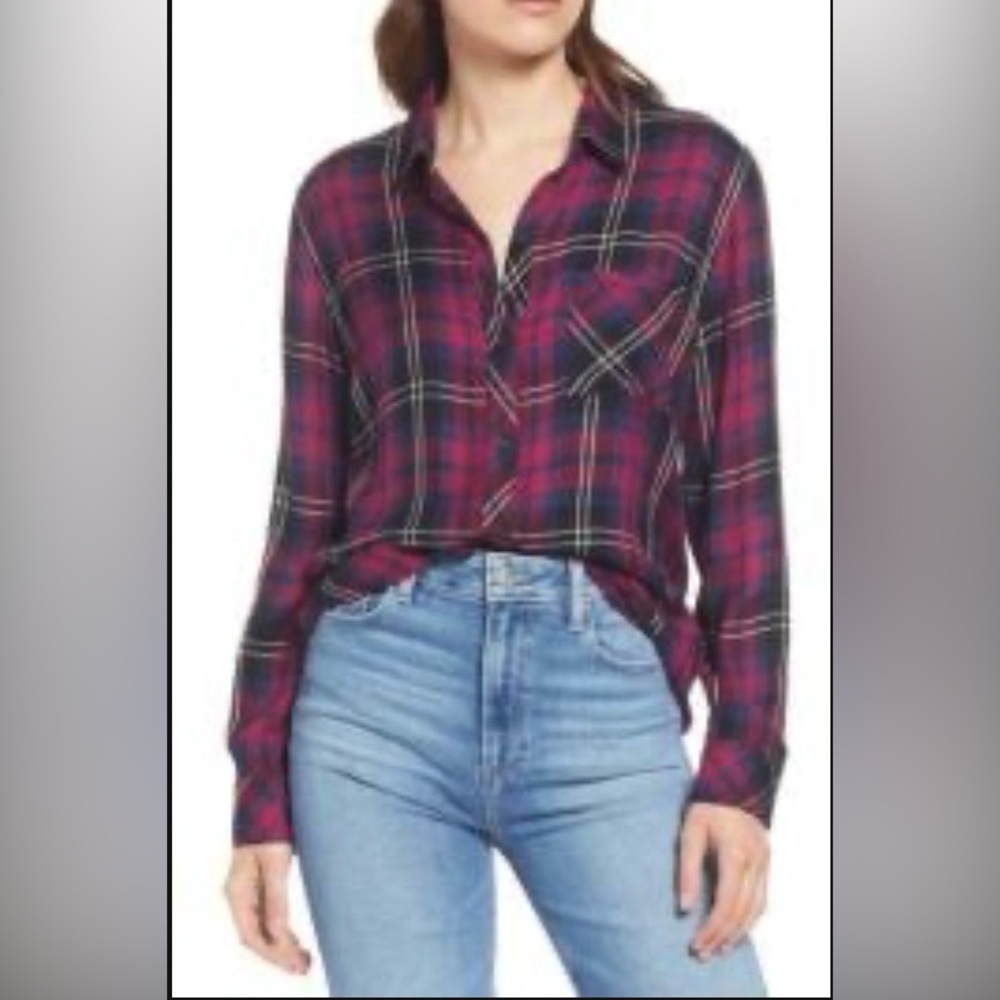 Rails Hunter long sleeve button down top in Onyx Scarlet Navy size M / medium